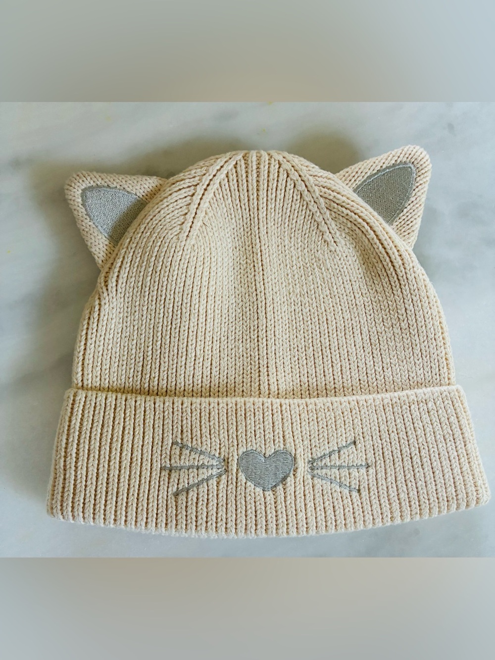 Baby Gap Cream Knit Cat-Ear Beanie with Heart Whisker Detail